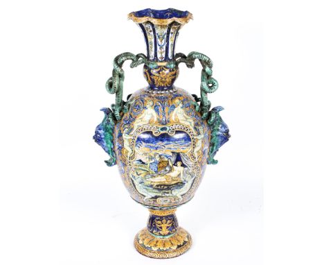 A late 19th century Italian majolica two-handled oviform vase, possibly Cantagalli, painted with mythological figures includi