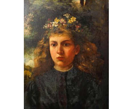 Pre-Raphaelite style portrait of a girl with flowers in her hair, oil on canvas, late 19th century, framed 46.5 cm x 36.5 cm 