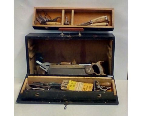 Vintage tool chest containing a good assortment of tools to include a J Gleave & Son (of Manchester) saw