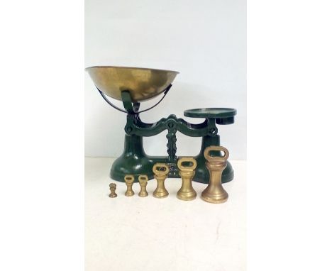 Set of F.J Thornton & Co 'The Viking' balance scales with graduating brass weights 