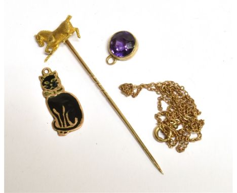 ASSORTED ITEMS INCL AMETHYST PENDANTTo include 9ct gold enamel black cat pendant, (stamped) 9ct gold amethyst pendant and cha