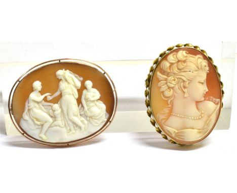TWO SHELL CAMEOS IN 9CT GOLD FRAMESOne finely carved antique oval cameo depicting the three graces, approx 4.7 x 3.7cm, on a 