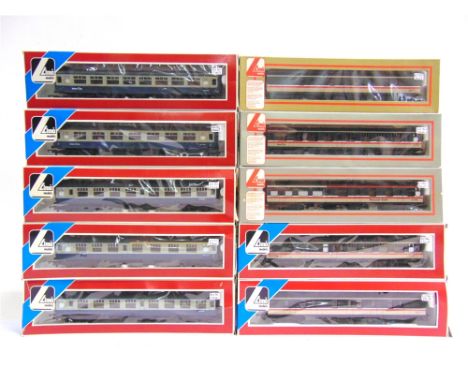 [OO GAUGE]. TEN LIMA B.R. COACHES  in blue and grey (5), and executive (5) livery, each boxed.