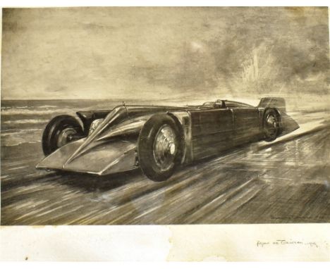 AUTOMOBILIA - BRYAN DE GRINEAU (1883-1957)  Golden Arrow on Daytona Beach,  monochrome print, signed by the artist in pencil 