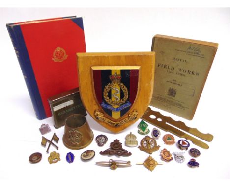 MILITARIA - ASSORTED  comprising a Manual of Field Works (All Arms), 1921; Royal Army Medical Corps painted shield; a book, C