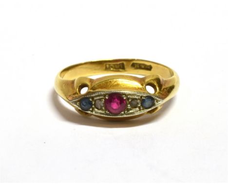 ANTIQUE SYNTHETIC RUBY & PASTE RING18ct gold navette shaped ring, grain set with a synthetic ruby, blue paste stones and sena