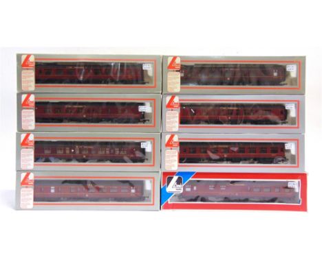 [OO GAUGE]. EIGHT LIMA B.R. COACHES  each in lined maroon livery, with added 'The Midlander' nameboards, each boxed.