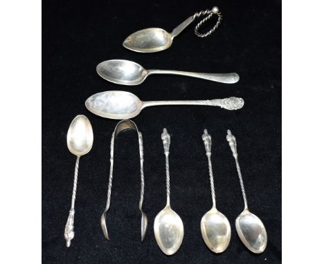 ASSORTED SILVER INCL T.H. OLSEN SPOONSet of six Apostle teaspoons and matching sugar tongs. Makers mark J.D & S. Hallmarked S