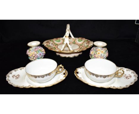 A PAIR OF COALPORT 'COALBROOKDALE' FLORAL CANDLESTICKS  pair of Martial Redon Limoges breakfast cups and saucers, and a ceram