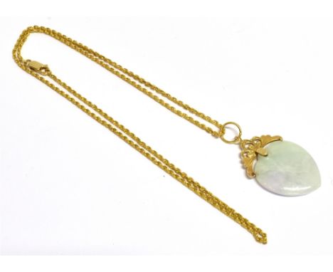 LAVENDER JADEITE JADE PENDANT & CHAINPendant measures approx 4.0cm long x 2.5cm wide, to top of 14ct gold bale (tests as) On 