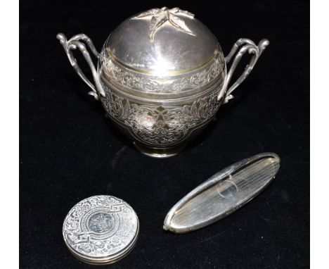 A COLLECTION OF ITEMS SOME SILVERTo include an early Christofle French silver plated tea caddy decorated with Art Nouveau cha