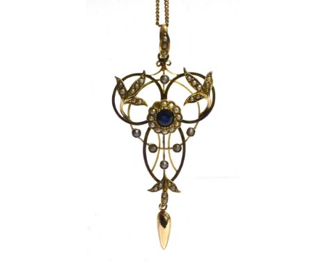 EDWARDIAN SAPPHIRE & SEED PEARL LAVALIER 9 carat gold grain set sapphire and seed pearl trefoil style pendant. 5.5cm long. St