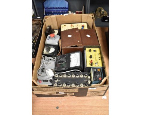 A selection of vintage electrical testing equipment, galvanometer, rectifier unit, range doubler, GEC ohms meter etc