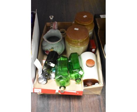 A miscellany of vintage items, to include; earthen ware storage jars and hot water bottle, flat ware, green glass bottles, Cr
