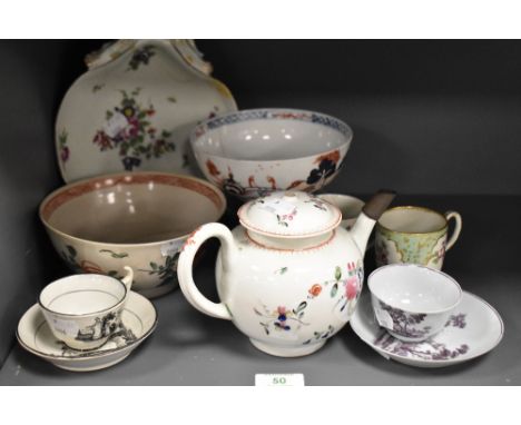 An assorted collection of hand painted and other porcelain, to include a polychrome bullet form teapot and a Worcester Hancoc