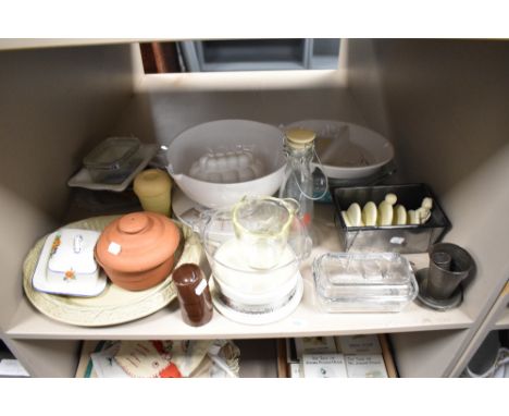 A selection of mixed kitchenalia, to include moulded stoneware bread plate, butter dishes, vintage casserole dishes, scales e
