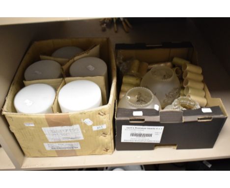 Six vintage opaque lamp shades in box and two etched glass shades with scalloped edge.