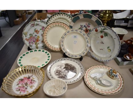 A mixed lot of 19th/ 20th century plates, including basket weave ribbon plate, three ceramic medicine spoons and Coalport bas