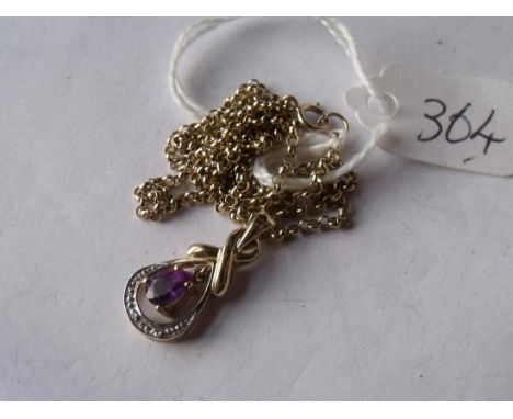 9ct amethyst & diamond pendant on 9ct  fine link chain 4g       