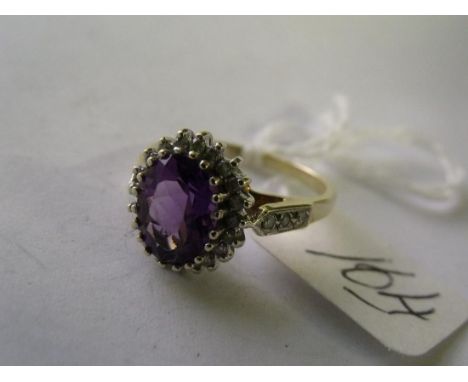 9ct amethyst & diamond cluster ring  approx size 'M'       