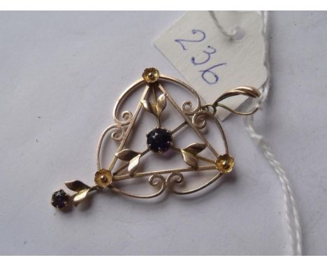 Antique amethyst and gold pendant suspending  a foliate amethyst drop.      