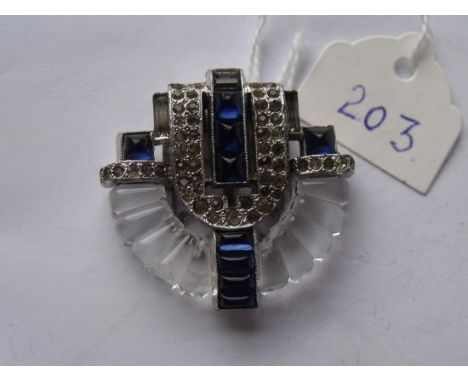 An Art Deco blue glass and paste clip,  marked KTF, (Trifari)       