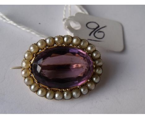 Gold oval amethyst and seed pearl brooch    