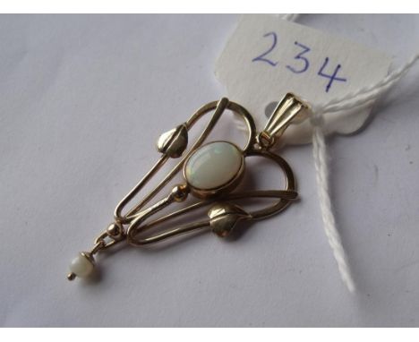 Art Nouveau gold and opal pendant with central  oval opal suspending an opal bead     