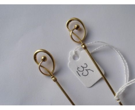 Pair of unusual Art Nouveau 9ct hat pins 8.5"  long 6.4g        