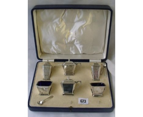 Boxed 6 piece art deco rectangular cruet 2.5”  over handle Birm. 1932 By MW     