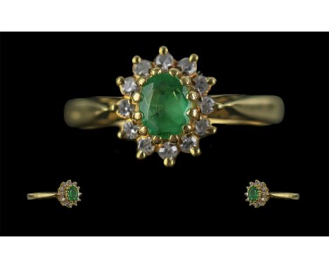 18ct Gold - Good Quality Petite Diamond and Emerald Set Cluster Ring. Full Hallmark to Shank. The Central Emerald Surrounded 