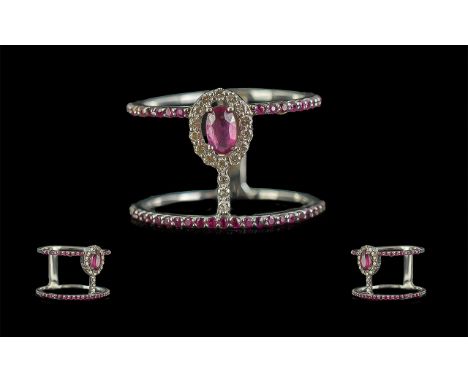 18ct White Gold Diamond &amp; Ruby Dress Ring, Double Half Band Of Rubies With Central Oval Ruby Surrounded By Diamonds, Stam