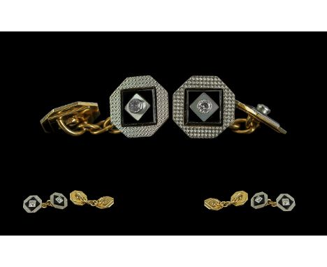 A Fine Pair of 18ct Gold Black Enamel and Diamond Set Cufflinks ( Stylish ) Both Marked 18ct. c,1950's. Weight 7.3 grams. 