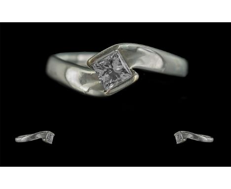 Ladies - Good Quality 18ct White Gold Single Stone Diamond Set Ring, Full Hallmark 750 to Shank. The Princes Cut Diamond of E