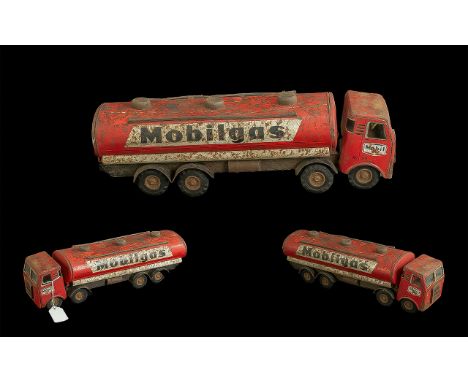 Vintage Metal Mobilgas Truck, 1950's, makes an engine noise when pushed along, 15'' long x 4'' high, in play worn condition, 