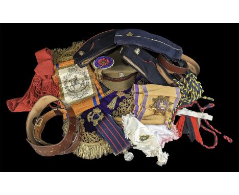 Collection of Military Items, Includes Caps, Hats, Elaborate Sash Belts etc.