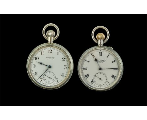 Early 20th Century Pair of Open Faced Sterling Silver Key-less Pocket Watches, With Full Hallmarks to Interior. Features Whit