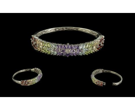 Amethyst, Blue Topaz, Peridot, Citrine and Red Garnet Bangle, 12cts of the beautiful, clear and bright gemstones, marquise cu