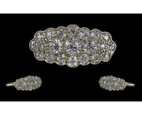 Antique Period - Attractive 18ct Gold 3 Row Diamond Set Ring, Marked 18ct to Shank. The Pave Set Old European Cut Diamonds of