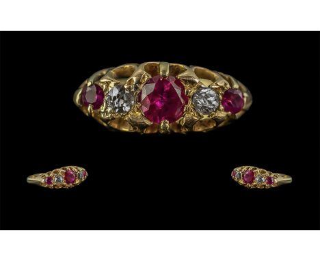 Antique Period - Attractive 18ct Gold Ruby and Diamond Set Ring, Gallery Setting. Not Marked but Tests 18ct, Rubies and Diamo