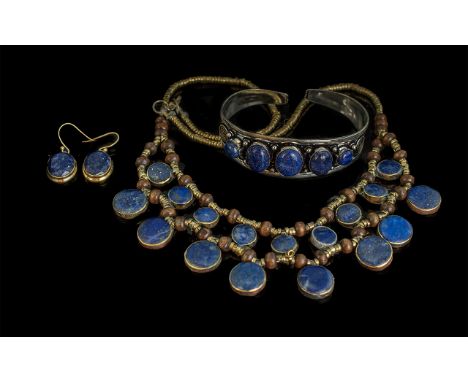 Lapis Luzuli Set of Collar Necklace, matching cuff bangle and drop earrings.