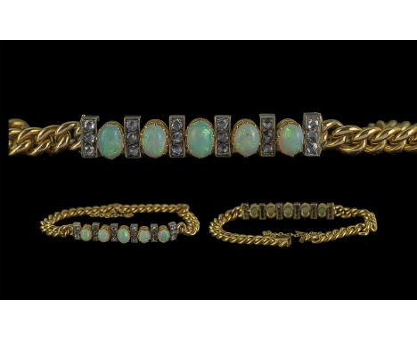 Antique Period - Excellent 15ct Gold Opal and Diamond Set Bracelet. c.1900. The 5 Well Matched Oval Shaped Opals of Excellent
