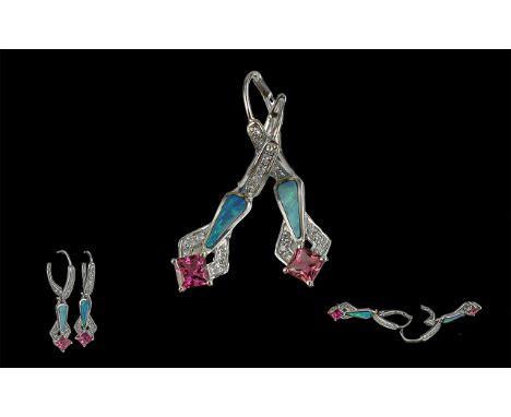 Ladies Fine Pair of Attractive 14ct White Gold Opal and Diamond Set Drop Earrings. Marked 14ct. The Black Opals of Excellent 