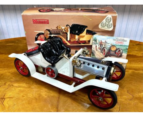 Mamod Model Steam Roadster, measures 15.5'' long, diecast alloy wheels, headlights and steering wheel, and brass and copper s