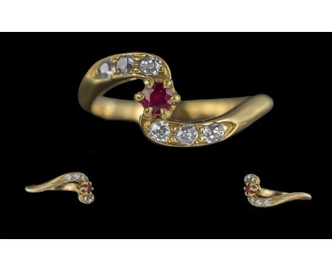 Antique Period Ladies - 18ct Gold Attractive Diamond and Ruby Set Ring. Not Marked but Tests High Ct Gold. The Old Cut Facete