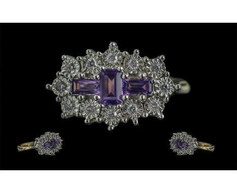 9ct Yellow Gold ''boat style'' Amethyst and Diamond Ring. Amethysts 0.58 ct. Round Cut diamonds 0.20 ct. Ring size O.