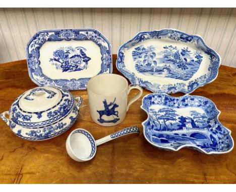 Collection of Blue &amp; White Porcelain, including three serving dishes, small tureen, mug and ladle.