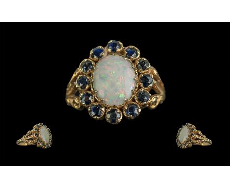 Ladies - Attractive 14ct Gold Opal and Sapphire Set Cluster Ring. Marked 585 to Shank. The Central Opal of Orange - Green Col