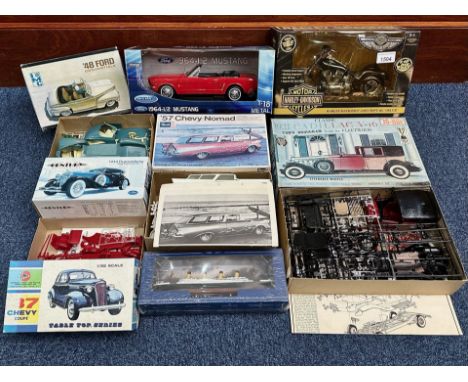 Collection of Die Cast Models including Harley Davidson, 1864 Mustang, Titanic, together with four Airfix style models, 48 Fo