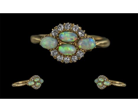 Antique Period - Attractive and Exquisite 18ct Gold Opal and Diamond Set Ring, Excellent Design / Setting. Full Hallmark to I